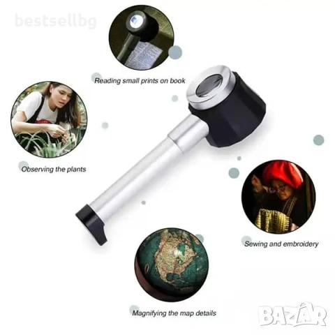 Мощна ръчна увеличителна лупа микроскоп 20X увеличение LED осветление със скала печетарска бижута, снимка 6 - Други инструменти - 50874847