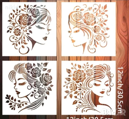 4 Вида жена момиче с рози цветя в косата стенсил шаблон за спрей за торта украса стена Scrapbooking