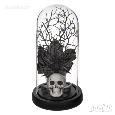Декоративен купол с череп, паяци и лилави LED светлини, Ø11x20см