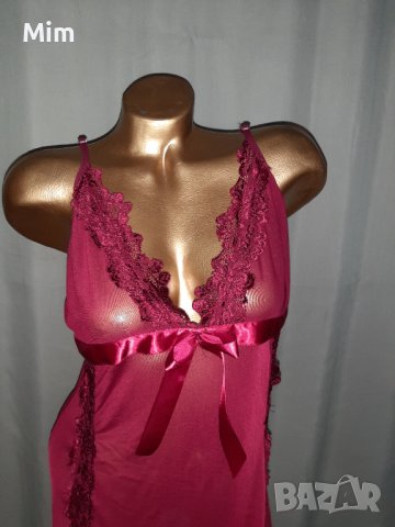 М/ L Нощница в бордо  от прозрачен тюл и дантела със сатенена червена пандела , снимка 6 - Нощници - 38365163