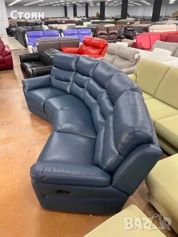 Син кожен извит диван четворка с ръчен релаксиращ механизъм, снимка 9 - Дивани и мека мебел - 39973097