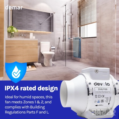 Devola 100 мм вграден вентилатор за смесен поток, за кухня, баня - DVILF100, снимка 3 - Други стоки за дома - 52303132