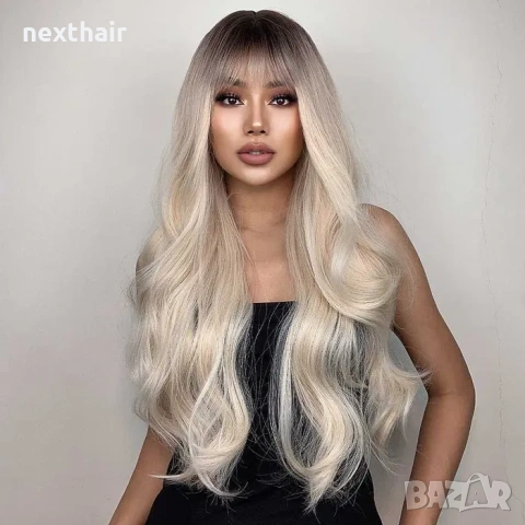 70 см Чуплива руса омбре перука с тъмни корени и бретон
