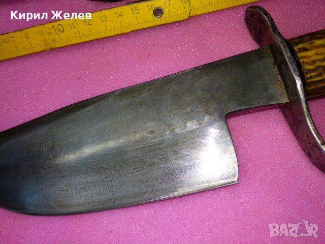 ГОЛЯМ АВТОРСКИ ЛОВЕН НОЖ - САТЪР Майсторски УНИКАТ ДРЪЖКА ЕЛЕНОВ РОГ със СРЕБЪРНА МОНЕТА 1803г 43154, снимка 16 - Ножове - 44115656