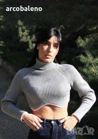 Дамски къс пуловер с яка и неравен подгъв, 9цвята, снимка 14 - Блузи с дълъг ръкав и пуловери - 43905120