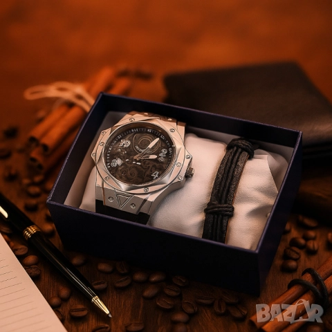 Мъжки подаръчен комплект – стилен часовник и черна гривна