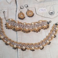 Комплект колие гривна и обеци плетена дантела с перли златно, снимка 2 - Бижутерийни комплекти - 38150497
