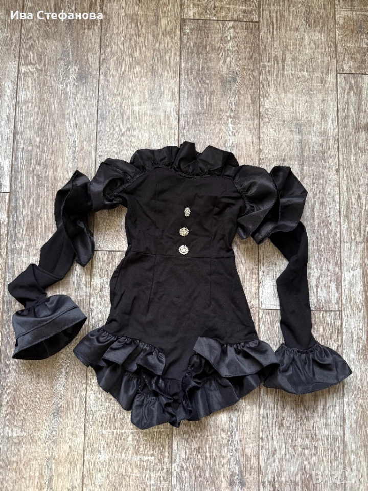 Нов къс черен бляскави копчета  елегантен парти коктейлен официален гащеризон волани къдри , снимка 1