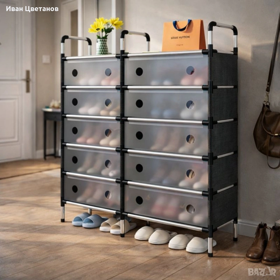 Многоетажен шкаф за обувки с прозоречни врати и голям капацитет, снимка 1