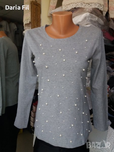 Сива блуза трико с бели перлички , снимка 1