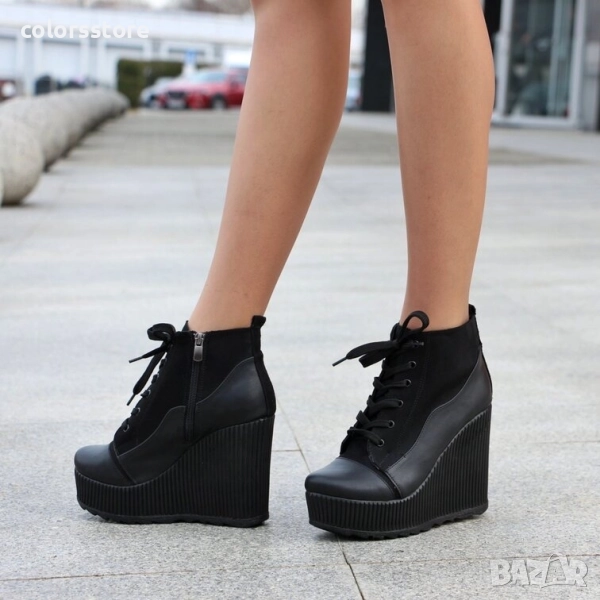 Боти на платформа - черна кожа и велур - NO5 , снимка 1
