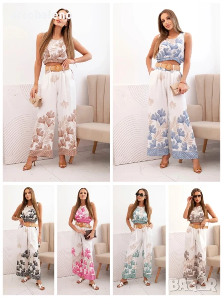 Дамски вискозен комплект от две части топ и панталон с щампа на листа, 8цвята , снимка 1
