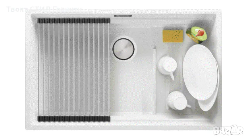 Бяла гранитна мивка за монтаж под плот Прага 80 Step Level 560 x 470 мм, снимка 1