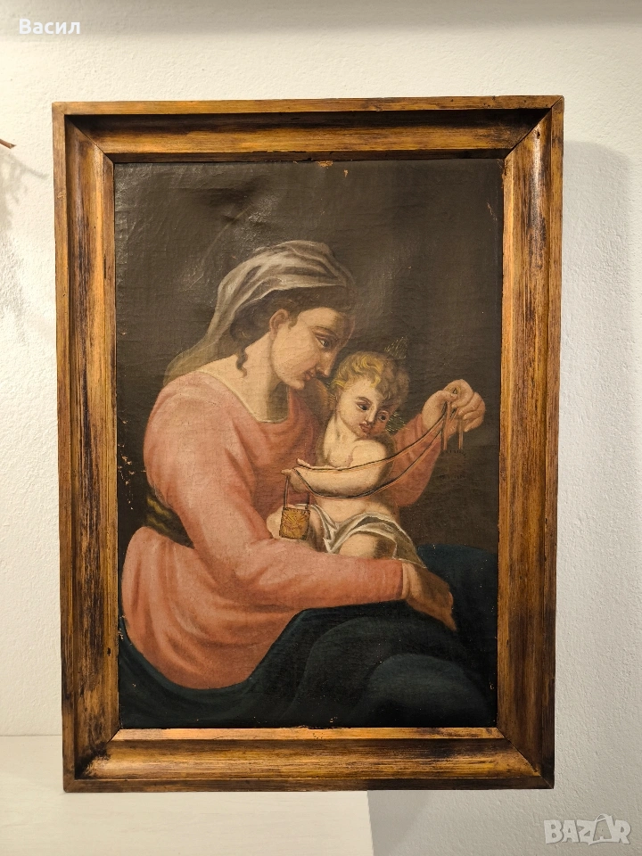 Стара религиозна картина – Богородица с Младенеца, снимка 1