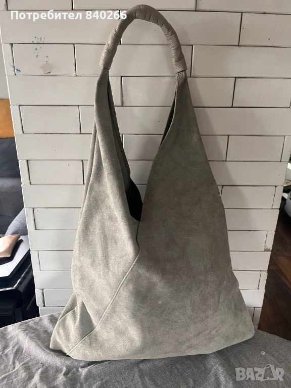 Светлосива чанта от естествен велур+ подарък чанта, снимка 1