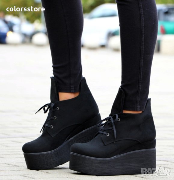 Боти на платформа - черен велур - 133K, снимка 1