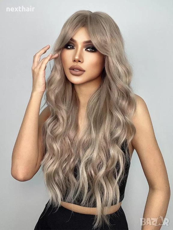 Пепелно руса вълнообразна синтетична перука с дълъг бретон, снимка 1