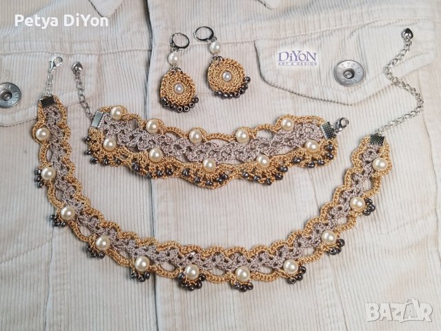Комплект колие гривна и обеци плетена дантела с перли златно, снимка 2 - Бижутерийни комплекти - 38150497