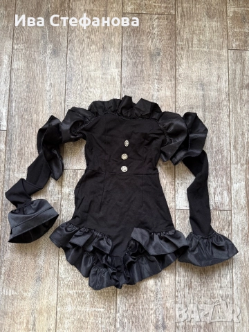 Нов къс черен бляскави копчета  елегантен парти коктейлен официален гащеризон волани къдри 