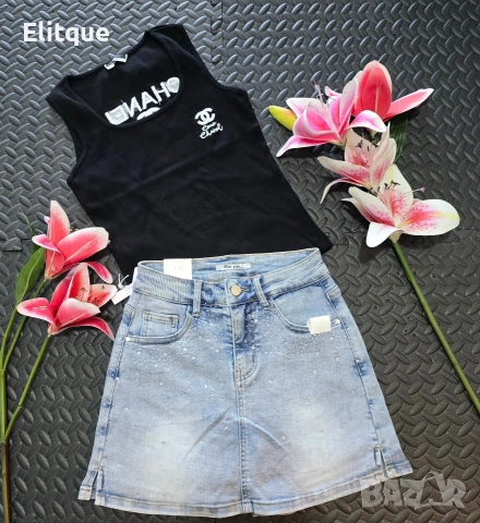 дамски комплекти потник Burberry chanel и пола деним с камъни 