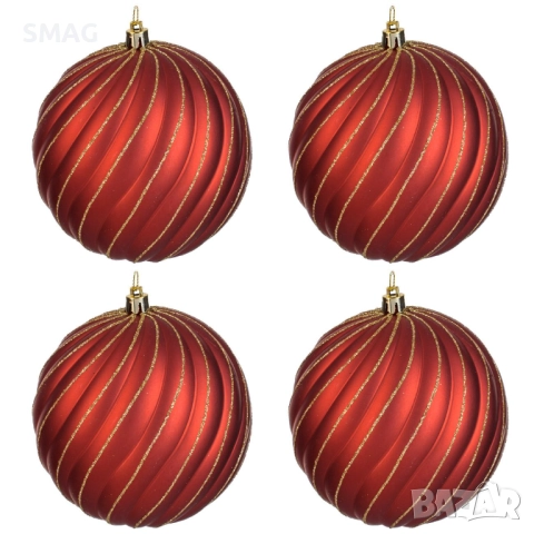 Комплект коледни топки червени мат с вълнообразен брокат Ø12 см_1253580