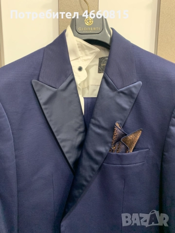 Стилен мъжки тъмносин официален костюм M-L/ 52 + РИЗА и АКСЕСОАРИ, снимка 5 - Костюми - 52947554