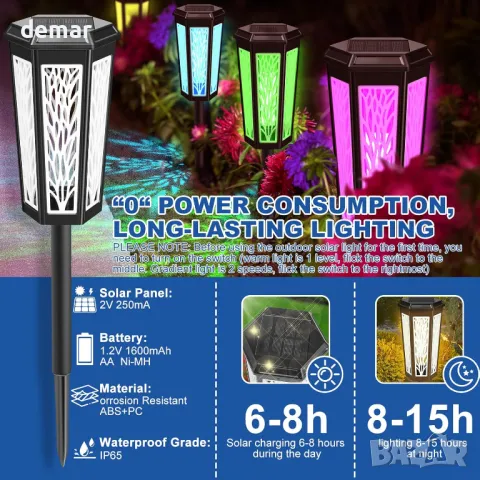 FANTICDE 4 броя соларни градински лампи , IP65 водоустойчиви, топло жълто/RGB цветен градиент, снимка 4 - Соларни лампи - 47376858