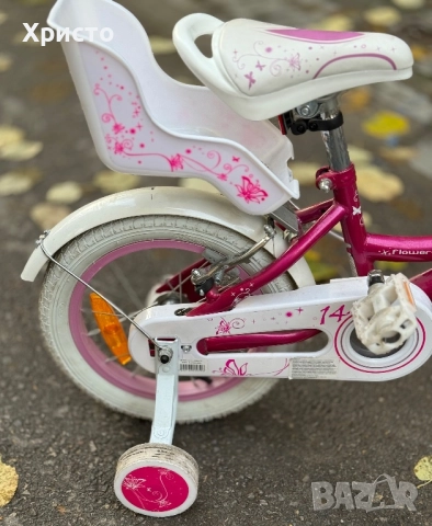 Велосипед за момиче 14" Flower Pink, с помощни колела, снимка 5 - Велосипеди - 52395211