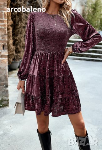 Дамска елегантна кадифена рокля с кръгло деколте, 4цвята , снимка 2 - Рокли - 43491144