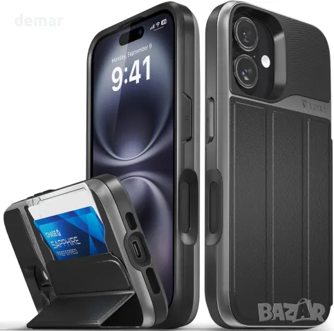 Калъф с портфейл VENA vCommute за iPhone 16 Pro, държач за карти с кожен капак и стойка - черен