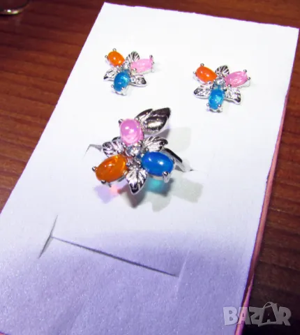 925 сребърни обеци и пръстен с натурални опали подходящи за подарък, снимка 3 - Бижутерийни комплекти - 50230575