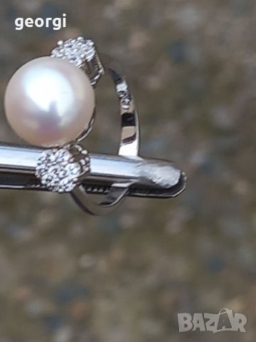 Дамски сребърен пръстен с естествена перла и цирконии, снимка 5 - Пръстени - 39338092