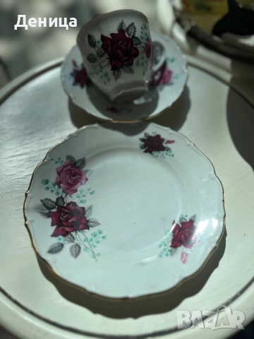 Haas & Czkek  Троен сет с нежен златен кант и релеф Винена и розова роза с ментови листенца , снимка 11 - Чаши - 51800629