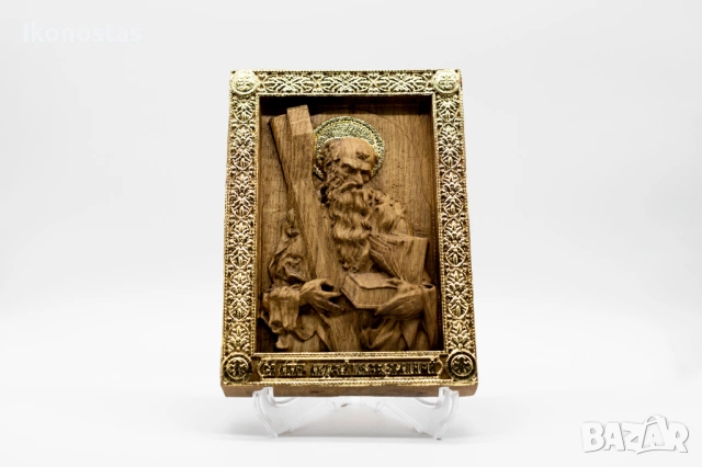 Позлатена релефна икона на Свети Андрей Първозвани от дъб, снимка 4 - Икони - 53224126