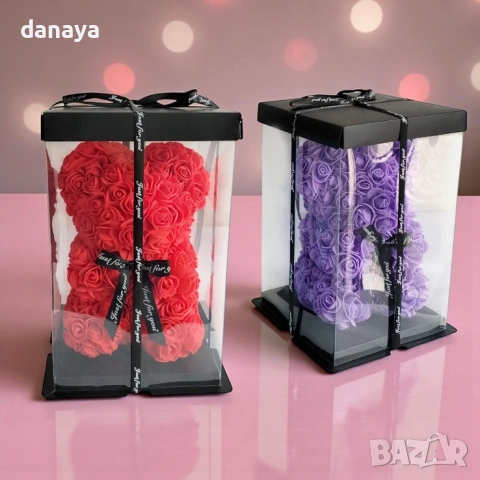 6377 Романтичен подарък Мече от рози в кутия, 22 см, снимка 4 - Декорация за дома - 53294036