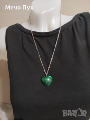 Сребърен синджир с сърце от зелен малахит (23), снимка 2 - Колиета, медальони, синджири - 37761514