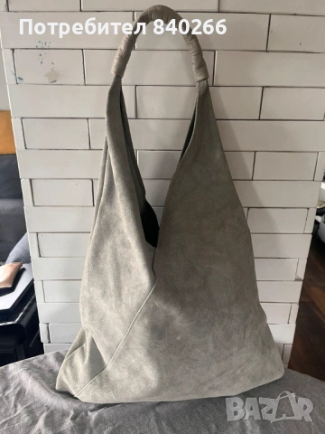 Светлосива чанта от естествен велур+ подарък чанта