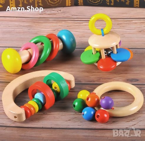 Бебешки дрънкалки , Дървени играчки монтесори 4бр комплект идеален за подарък в красива кутия