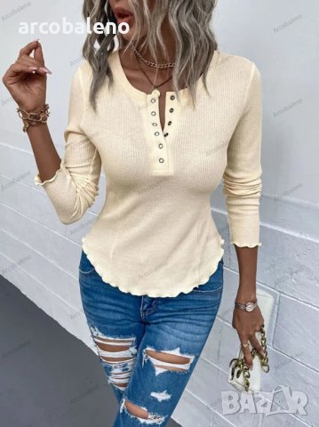 Дамска едноцветна блуза с дълги ръкави с рипсови копчета, 2цвята - 023, снимка 8 - Блузи с дълъг ръкав и пуловери - 40052818