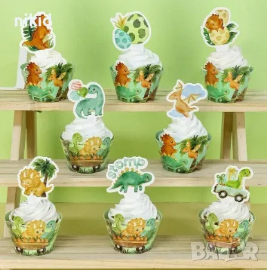 8 бр Динозаври Динозавър топери и кошнички украса декорация за мъфини кексчета торта и парти, снимка 2 - Други - 47721939