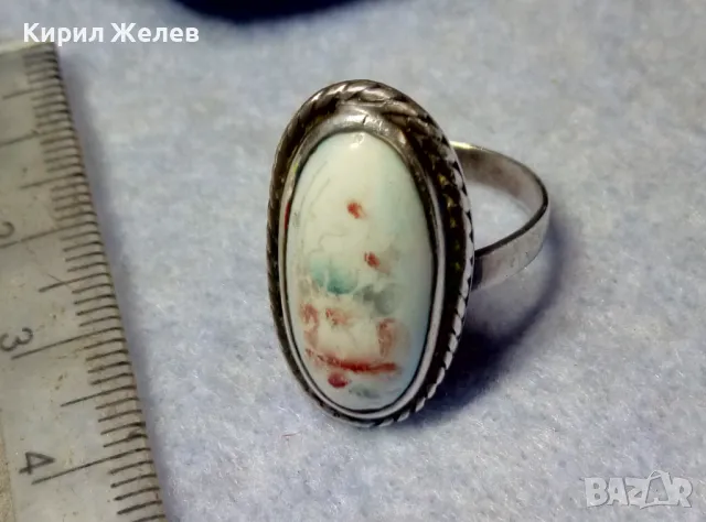 СТАРИНЕН РЕТРО АРТ СРЕБЪРЕН ПРЪСТЕН СРЕБРО ВИСОКА ПРОБА с РЪЧНО РИСУВАН БЯЛ ОПАЛ 30544, снимка 5 - Антикварни и старинни предмети - 49885923