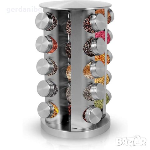 Комплект бурканчета за подправки на стойка Gerdani BG, 20 броя, кръг, Сребрист, снимка 1 - Сервизи - 39523908