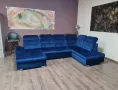 Син П образен ъглов диван от плат Nigrum с функция сън, снимка 6