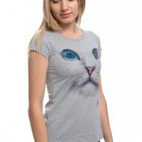 Нова дамска сива тениска с 3D принт Котка със сини очи, снимка 5 - Тениски - 29126621