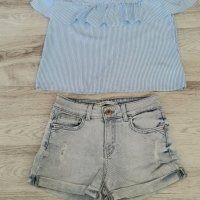 Дънкови панталонки Bershka, блуза H&M, снимка 2 - Детски къси панталони - 36623871