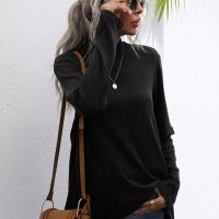 Едноцветен дамски плетен пуловер с висока яка и дълъг ръкав, 2цвята - 024, снимка 3 - Блузи с дълъг ръкав и пуловери - 43430635