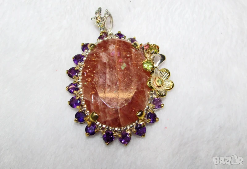 Сребърно голямо колие със слънчев камък 40 карата, снимка 1