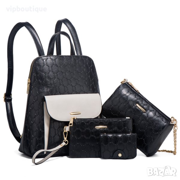 Черна Дамска Кожена Раница Комплект Чанти, снимка 1