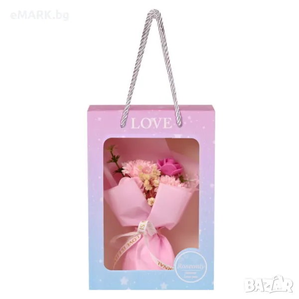 Букет от вечни цветя с розова декорацияс в подаръчна кутия18, снимка 1