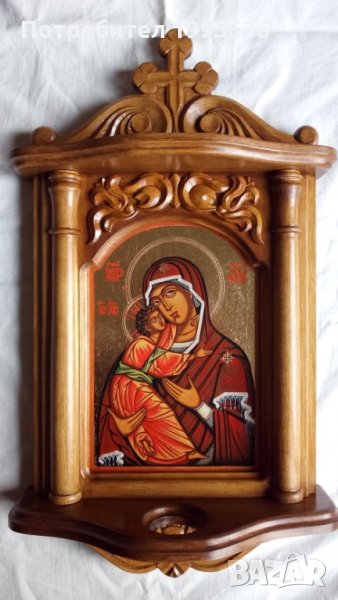Дърворезба-домашен иконостас с иконопис "Богородица с младенеца", снимка 1